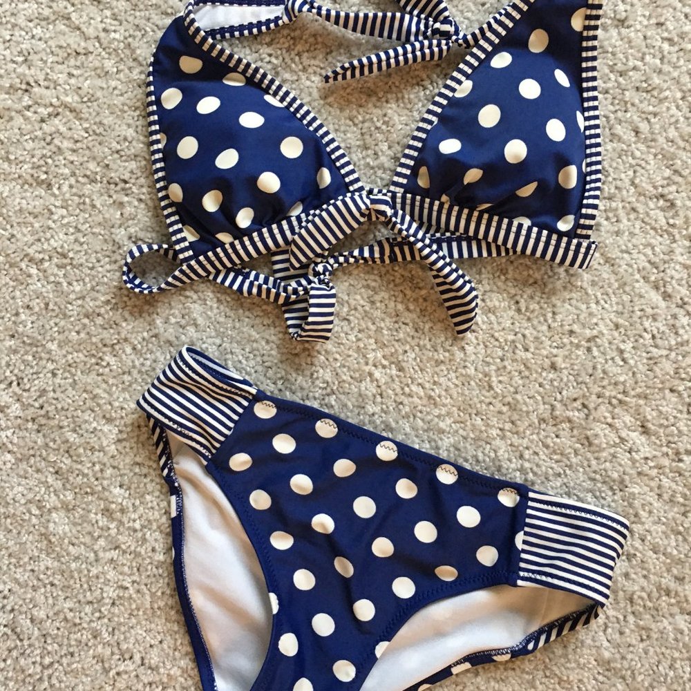Ree Bees Polka Dot and Striped Bikini, Size Small